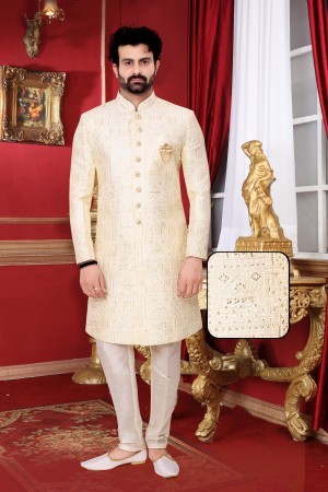 Golden & Cream Dupion Silk Indo Western Sherwani